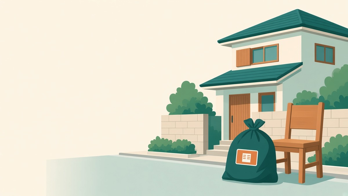 住宅の前に粗大ごみステッカーのイラスト。加古川市で不用品を出す手続きのアイキャッチ