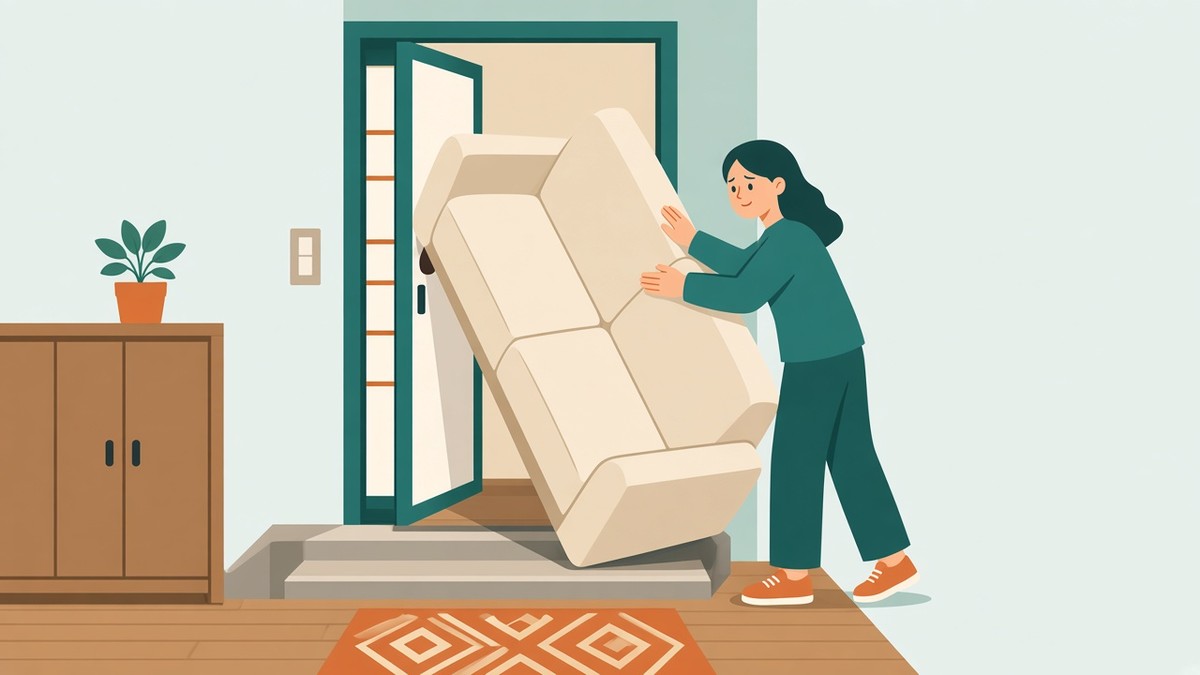 玄関で止まったソファのイラスト。家具を家の外まで出せないときのアイキャッチ